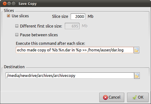 Copy archive dialog